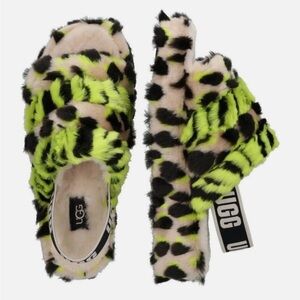 NWOT UGG Fluff Yeah Animalia Key Lime Black Fuzzy Slippers Sandals Women Sz 6